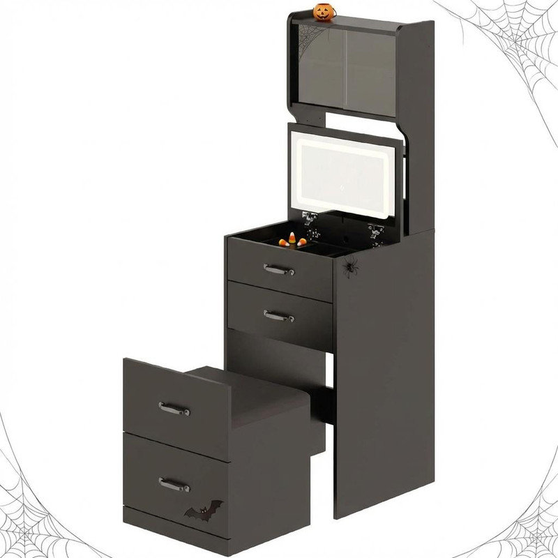 3-in-1 Vanity Desk with 3 Color LED, Compact Makeup Vanity Set with 2 AC Outlets & USB, Dressing Table with Drawers & Acrylic Doors, Nightstand Vanity Mirror, Jewelry Box, Cushioned Hidden Chair