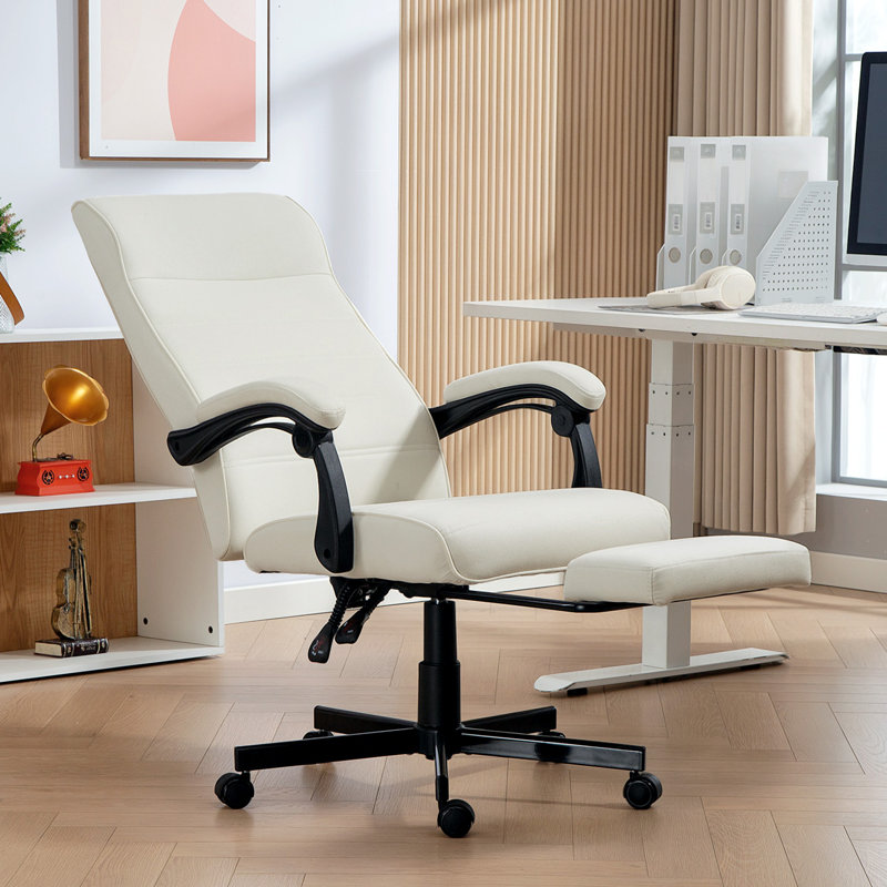 Chaise de bureau haut dossier en lin, Crème, crème