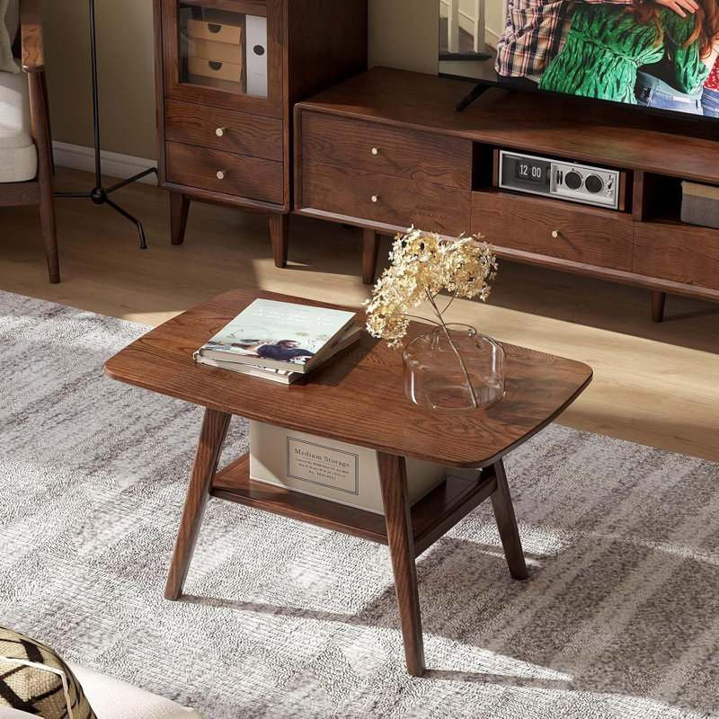 Walnut Solid Oak Wood Coffee Table with Shelf Storage, 31.5''W x 22.05''D x 17.32''H