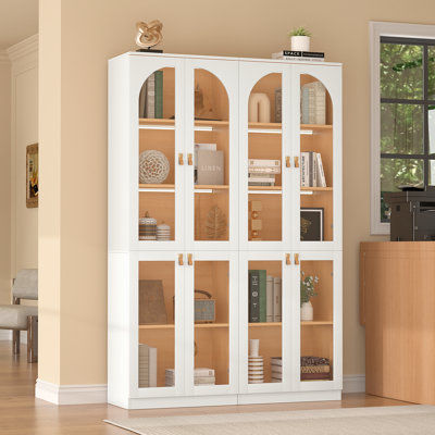 Cathcart 71"H X 47.2"W White Bookcase With Glass Doors And Shelves, Storage Cabinet With Light