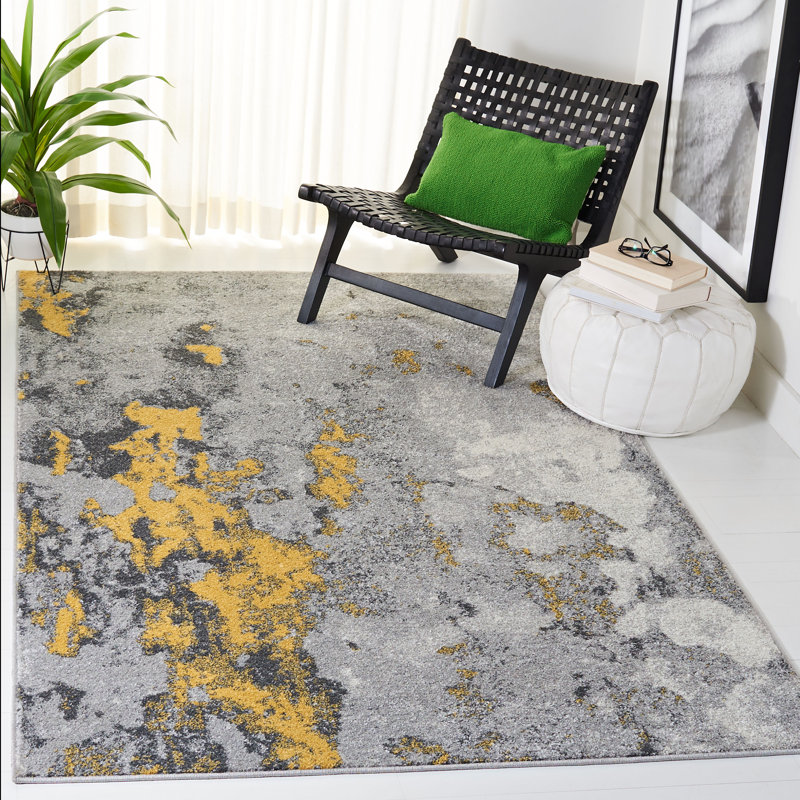Tapis gris / jaune en polypropylène tissé à la machine à motif abstrait Riebe, Rectangle de 10 pi x 14 pi