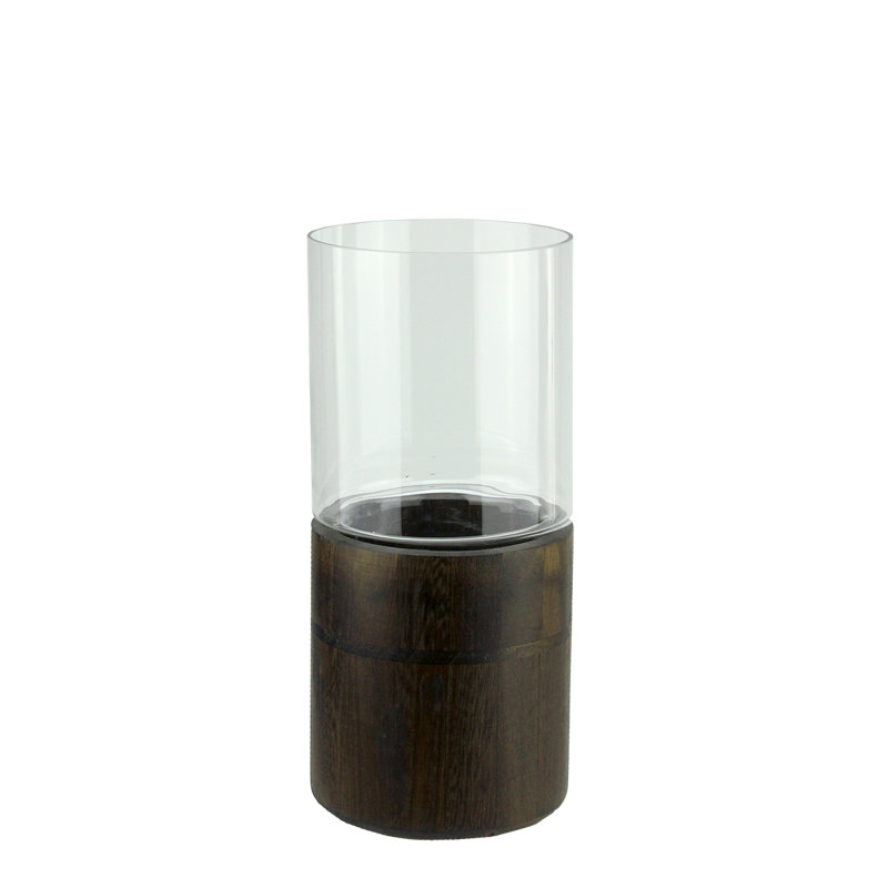 Clear Glass Hurricane Pillar Candle Holder with Wooden Base, 12" H x 5.5" W x 5.5" D