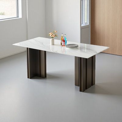 Table de salle à manger rectangulaire de 69,30 pouces de style moderne, verre trempé avec plateau en marbre, pieds de table brossés mat