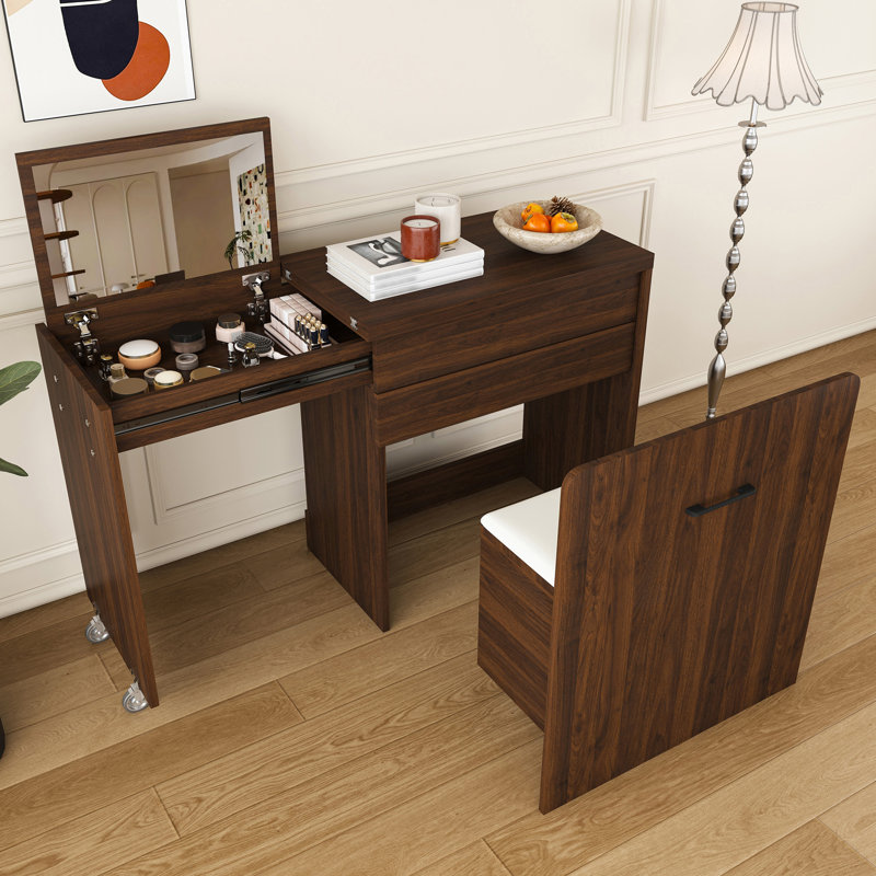 Ensemble de maquillage moderne avec miroir rabattable, Walnut