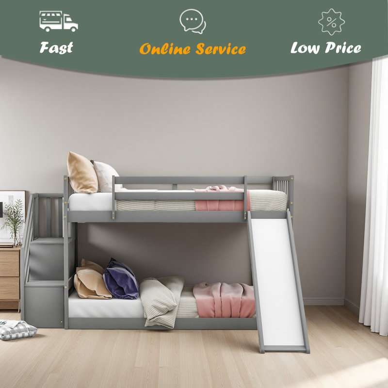 Lit superposé simple au-dessus de simple avec glissière convertible et escalier, Gris