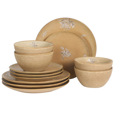 Gibson Elite Valencia Bloom 12 Piece Plates And Bowls Dinnerware Set - Taupe With Floral Decal Dishes - Microwave