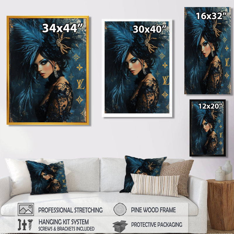 «Always Match Your Make Up To Your Feathers» - art mural femme cabaret, Cadre flottant noir, H 32 po x l 24 po
