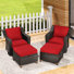 Ensemble de 4 chaises pivotantes et repose-pieds en osier avec coussins rouges PE