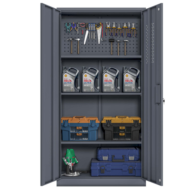 Armoire de rangement en métal durable avec 2 portes, 4 tablettes réglables et un panneau perforé pour une organisation efficace