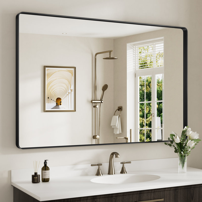 Miroir de salle de bain mural Llesenia, 55 po x 36 po, Noir mat, Rectangulaire