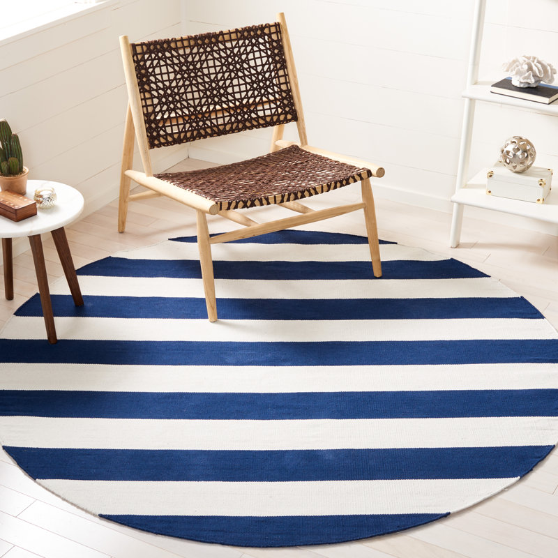 Brookvale Striped Handmade Flatweave Cotton Navy/Ivory Area Rug, Round 9'