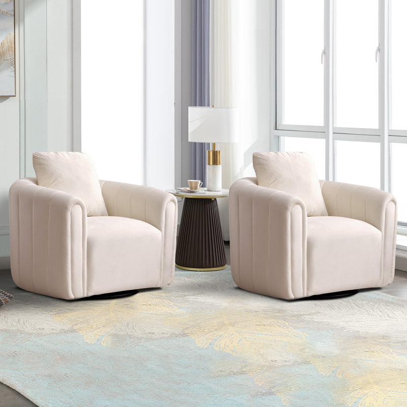 Deriah 30" W Super Soft Oversize Velvet Swivel Barrel Chair, Beige