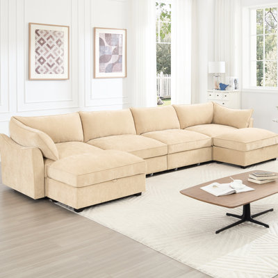 Canapé en U à 4 places avec 2 repose-pieds mobiles, 6 rangements modulaires escamotables par siège, chenille de blé, bordures de coussin passepoilées, accoudoirs intégrés et repose-pieds dissimulés, siège en tissu