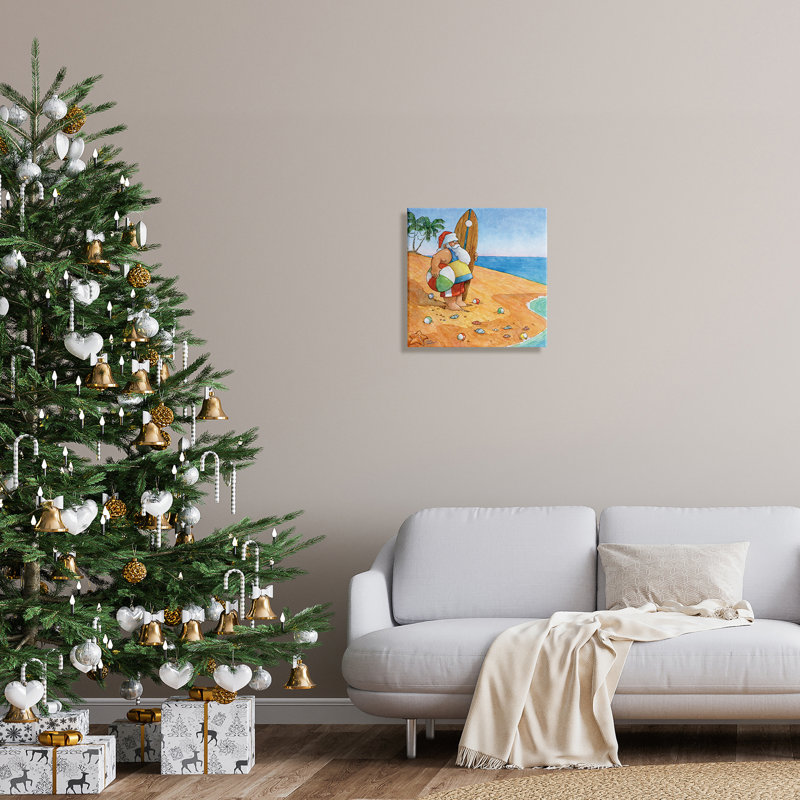 «Santa Claus On Beach Surf Board Tropical Christmas», estampe numérique encadrée de Steve Vanderbosch, Toile tendue