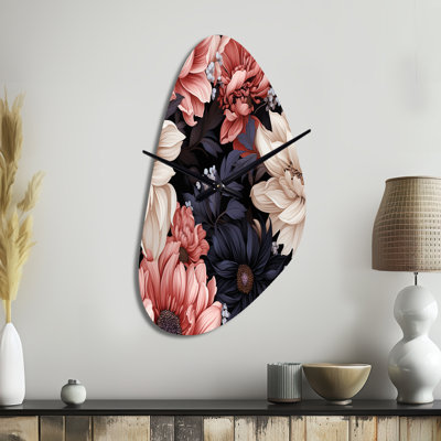 Light Pink And Pink Flowers  Pattern - Floral Asymmetrical Metal Wall Clock, Cottage Unique Shape Wall Clock Print