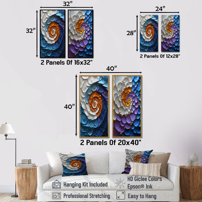 «Mauve et bleu», ensemble de 2 pièces d'art mural spirales abstraites Spiral III, Cadre flottant noir, H 28 po x l 24 po