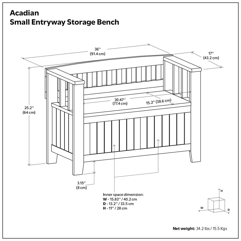 Acadian Solid Wood 36 Inch Wide Small Storage Bench And 31.5 Inch Wide Shoe Storage Cabinet In Brunette Brown