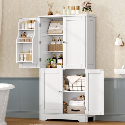 Food Pantry Cabinet with 4-Door Storage Cupboard with Adjustable Shelving & Side Racks, Storage Cabinet for Kitchen Bathroom.
