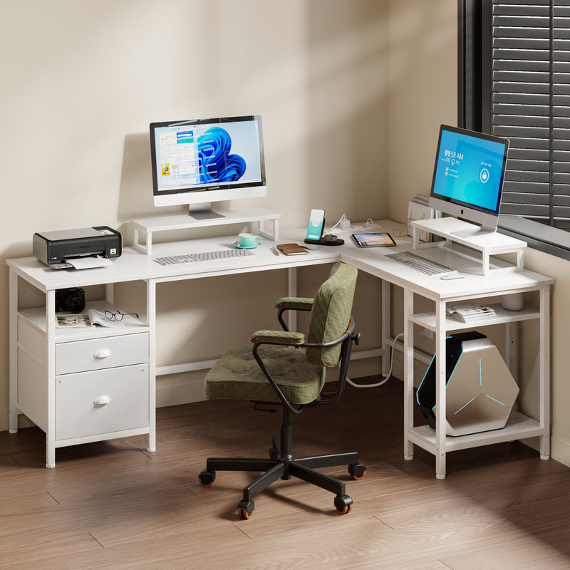 66 in. L-Shaped Computer Desk with 2 Monitor Stand, Power Outlet, Cabinet Gaming Desk Metal Base with Drawers Writing desk for Home Office