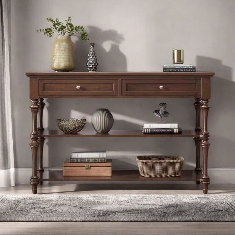 American-style open wooden console table, H 33,86 po x l 55,12 po x P 15,75 po, Marron foncé