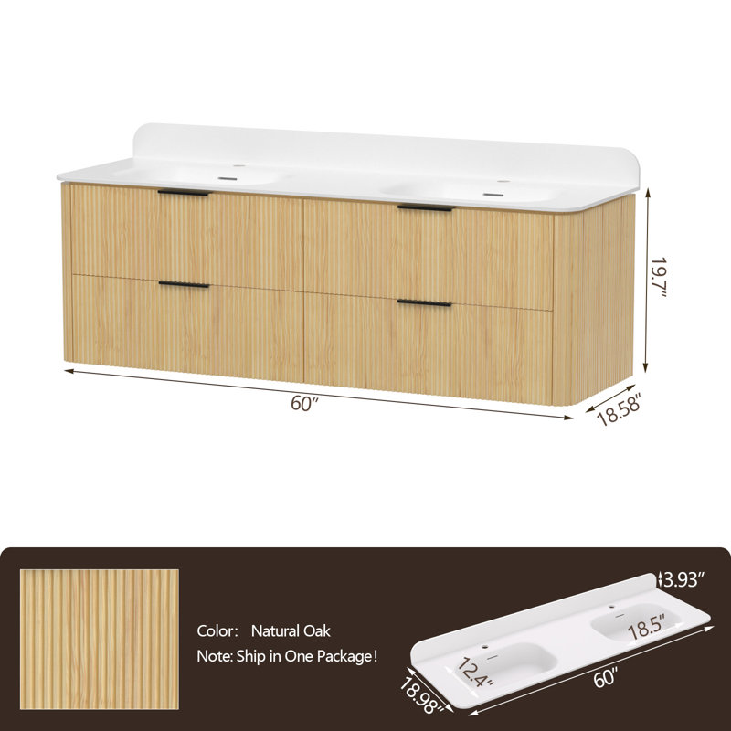 Meuble-lavabo mural 60 po en bois massif avec double lavabo et dosseret en acrylique, Chêne naturel / noir mat