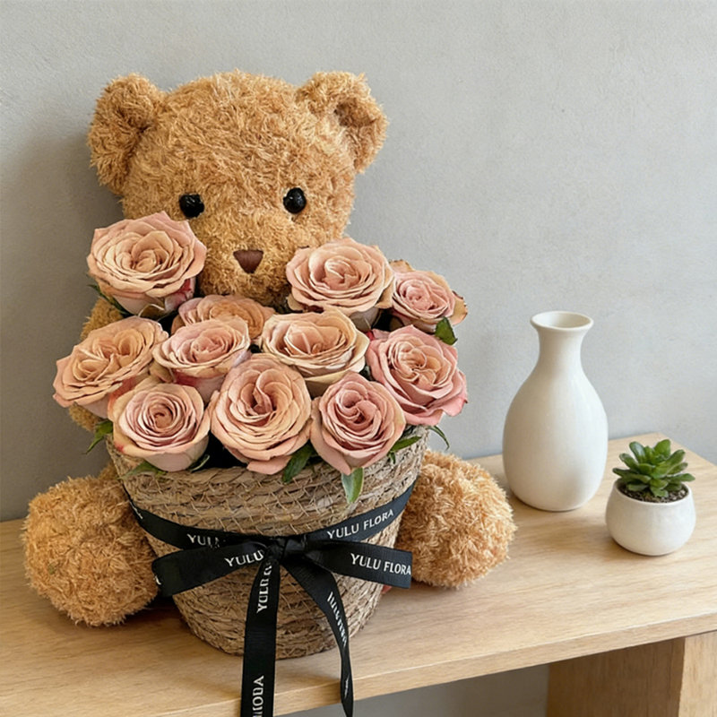 Mignon ensemble d'ours en peluche, bouquet de roses, fête des mères, Saint-Valentin, cadeau d'amour romantique, décoration de maison