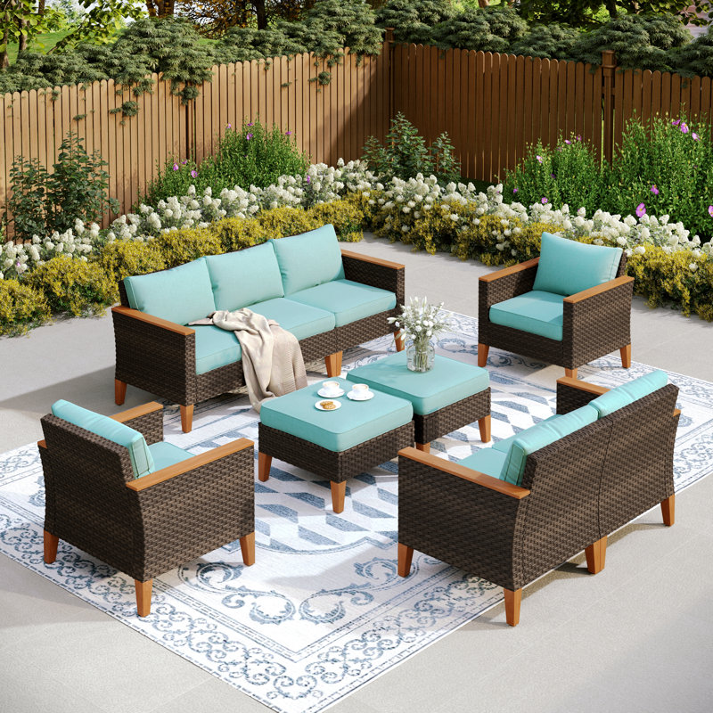 All Weather Wicker/Rattan 9 - Person Seating Group with Cushions, No, Beige