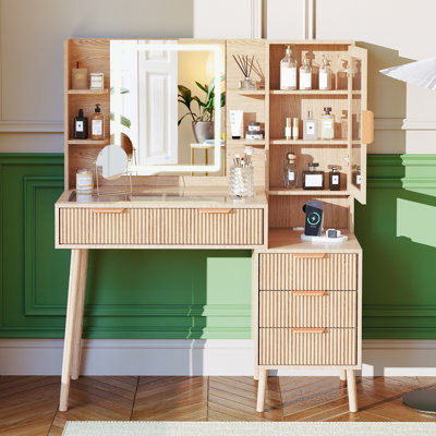 Coiffeuse 45 po avec miroir et lumières, coiffeuse de porte en verre transparent 3 couleurs avec station de charge