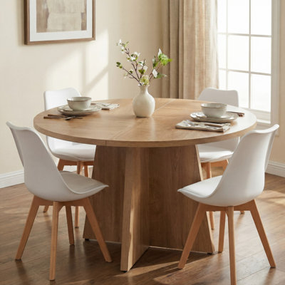 Round Wood Dining Table With 4 PU Leather Chairs, Kitchen Dining Room Furniture Set