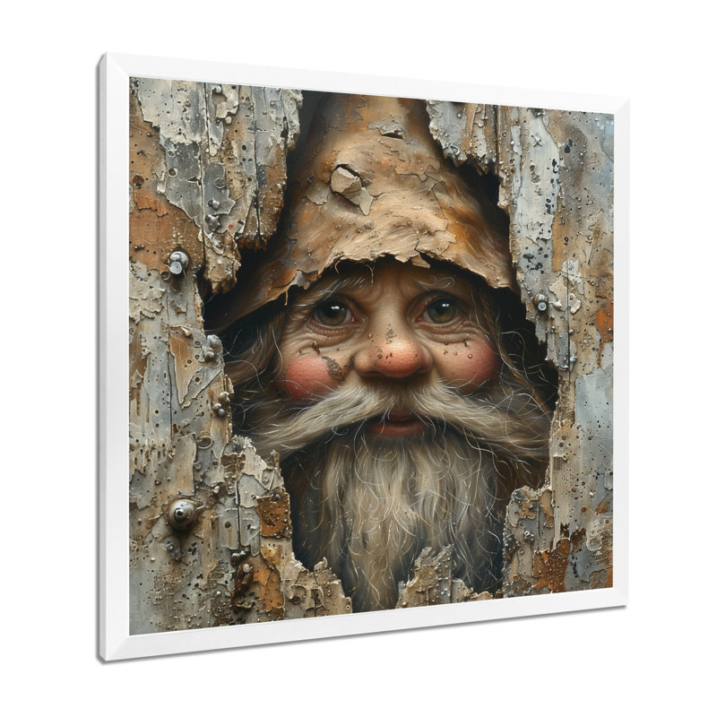 Beige gnome espion dans une enceinte en bois - art mural gnome, Cadre photo blanc simple, bois massif, H 36 po x l 36 po