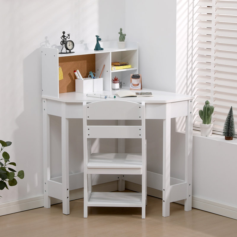 Ensemble de bureau et de chaise pour enfants, table d'étude d'angle en bois avec bibliothèque, babillard et porte-stylo, table d'écriture, blanc