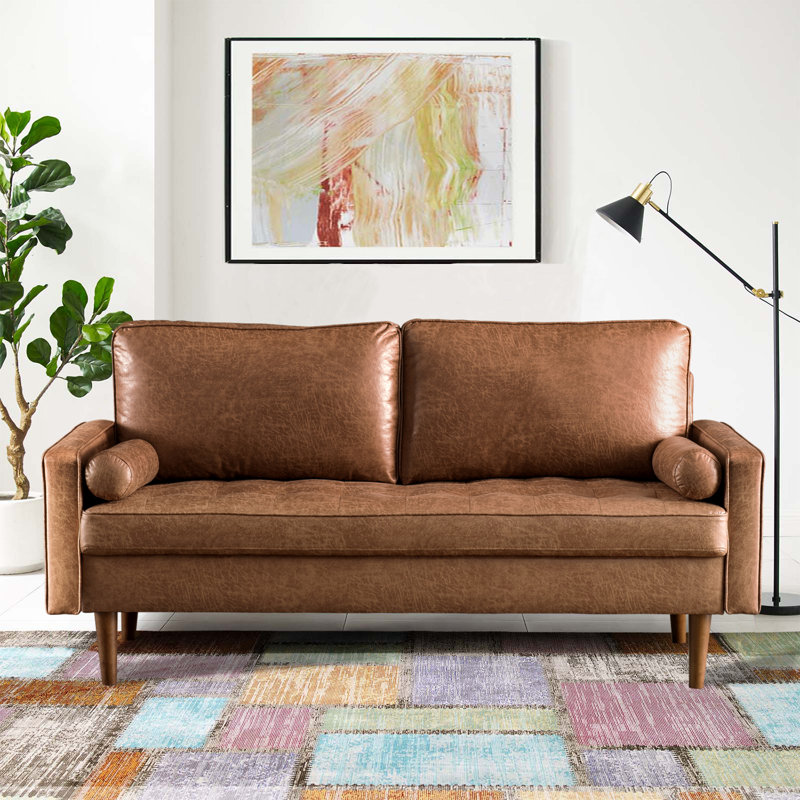 Aisha 70" Faux Leather Square Arm Loveseat, Brown Faux Leather