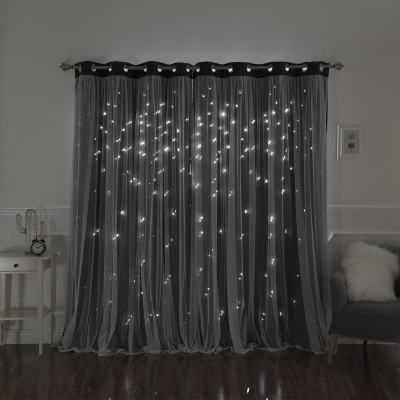 Jenifer Tulle Overlay Star Cutout Solid Room-Darkening Grommet Curtain Panels, Gray, 52" W x 96" L