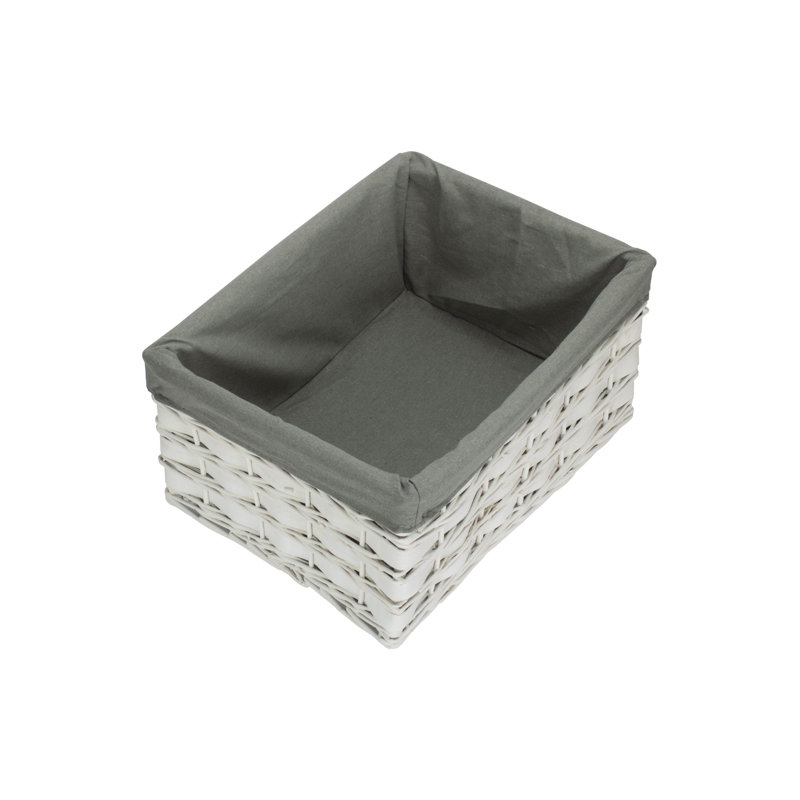 Wicker Lined Scandi Style Storage Basket, 17cm H x 33cm W x 20cm D, White Scandi/Grey