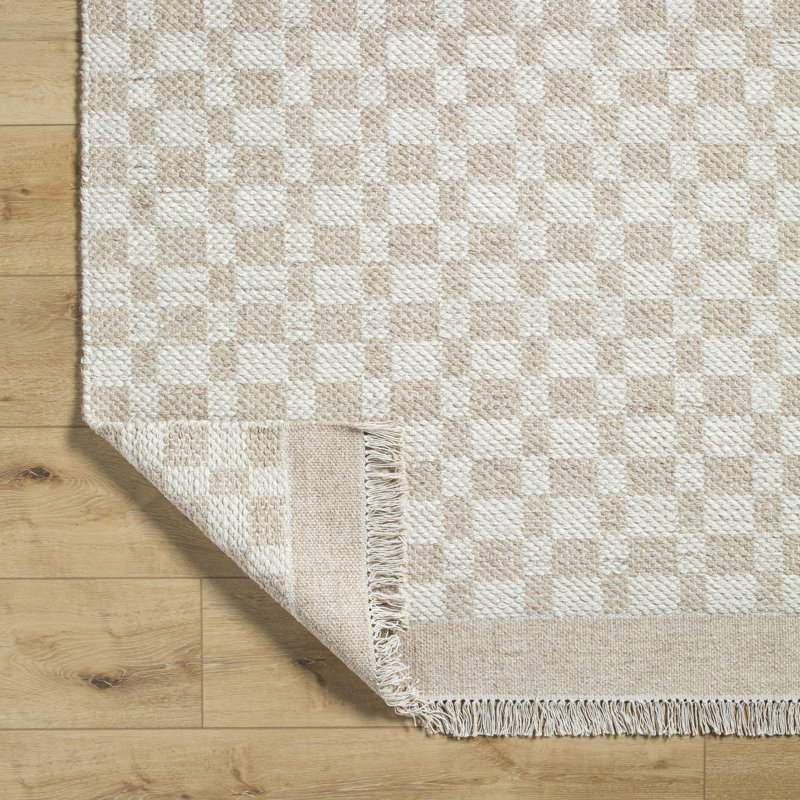Lavande Checkered Wool Area Rug in Tan/Ivory, Runner 2'6" x 8'