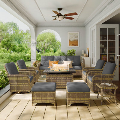 Ensemble de conversation de patio extérieur en osier de 10 pièces avec des chaises pivotantes et des poufs