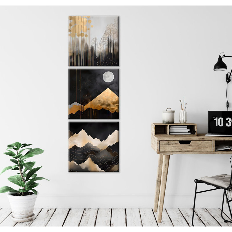 Elegant 3-Piece Decorative Canvas Painting Set, Gold, Black & Silver | 50% Cotton & 50% Polyester, 11.8 x 11.8 inches Each | Sturdy 100% Wooden Frame (0.8 in Thickness) | Perfect for Modern Home Decor & Art Lovers