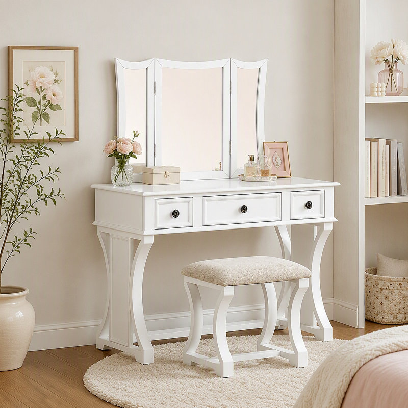 Ensemble de coiffeuse moderne unique pour chambre à coucher avec tabouret, miroir pliable, tiroirs, placage en MDF, meuble de toilette 1 pièce