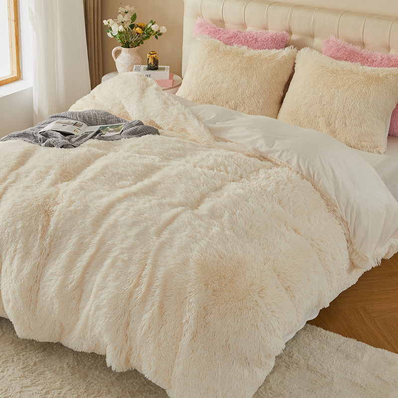 Ensemble de housse de couette à poils longs EMME, Blanc, crème, Grand lit