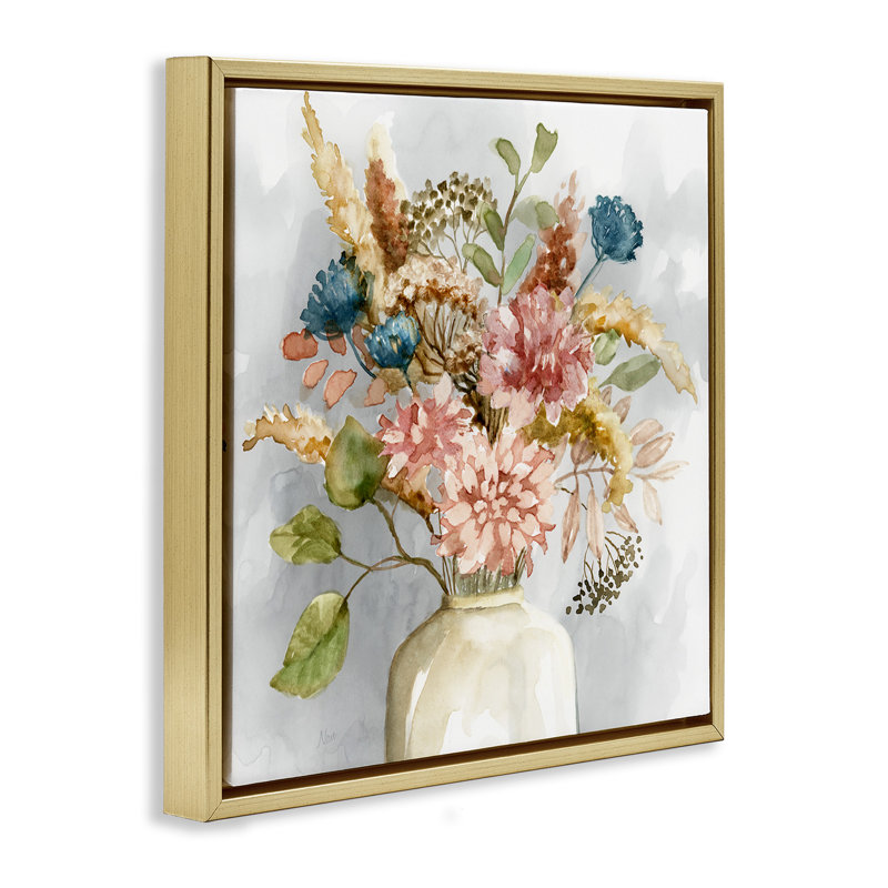 Bouquet d'aquarelle fleurs sauvages, Cadre flottant métallique doré, H 18 po x l 18 po