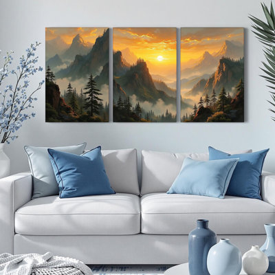 «Mountain Sunset Landscape», reproduction d'art sur toile tendue sur toile (ensemble de 3)