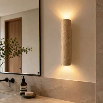 11" Natural Travertine Cylinder Wall Sconce with Walnut Wood Base, Dual E26 LED Bulbs Included, 3000K Warm White Up and Down Wall Light for Bedroom, Hallway and Living Room
