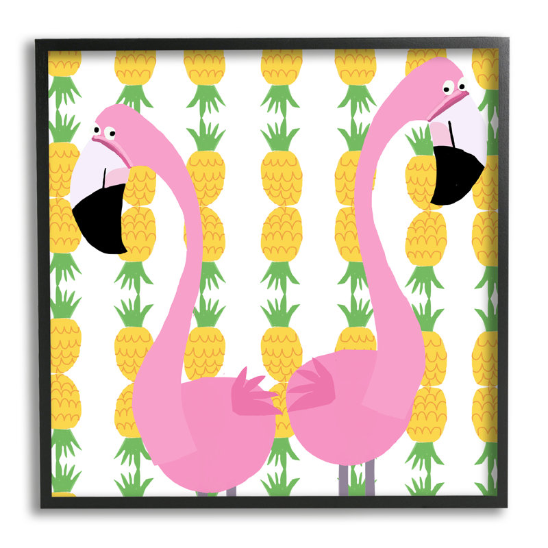 Paire de flamants roses pour enfants, art ananas, H 24 po x l 24 po x P 1,5 po, Giclée encadrée noir minuit