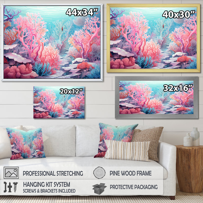 Corail, gorgonacées, monde marin sur toile, H 24 po x l 32 po x P 1 po, Cadre photo blanc