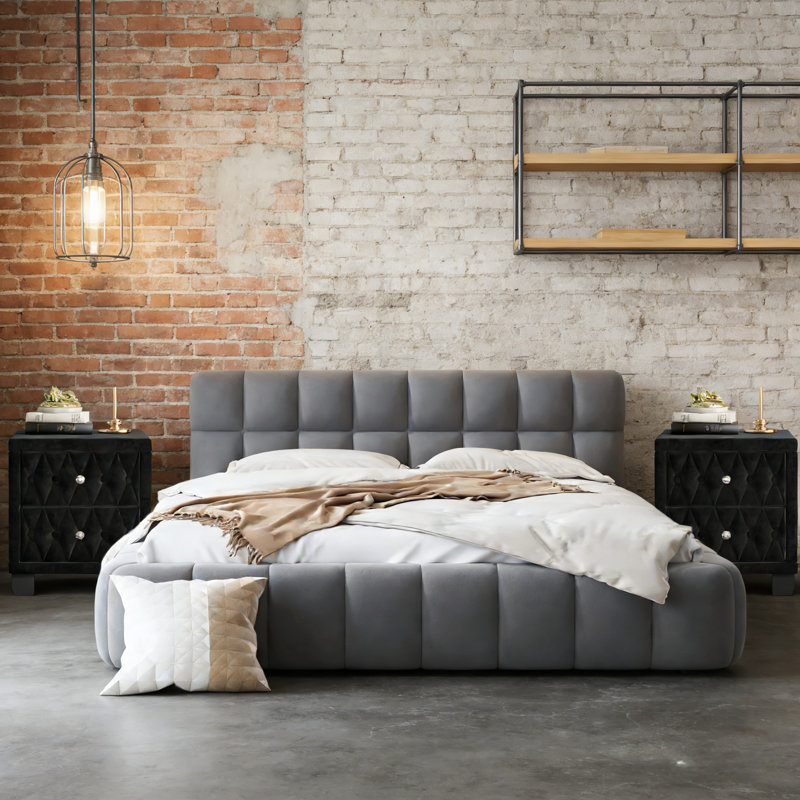 Ensemble de chambre à coucher 3 pièces, lit plateforme tapissier avec tissu épais et 2 tables de chevet avec 2 tiroirs et plateau de table en marbre