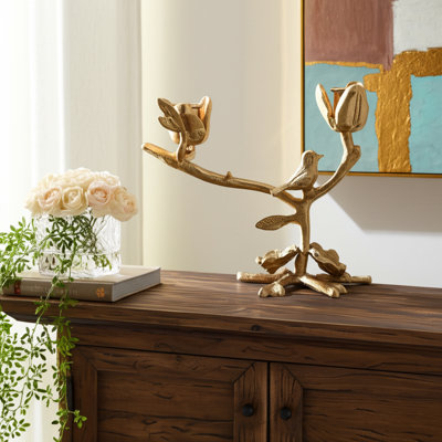 Pillar Candle Holder Metal Sculptural Bird And Branch Design For Home Office Bedroom Living Room Decor - 8" Champagne