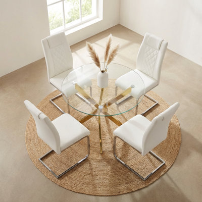 Table de salle à manger ronde en verre pour 4 personnes, table de salle à manger en verre de 35,5 po avec pieds dorés, table de cuisine moderne pour la maison (table dorée et chaises blanches)
