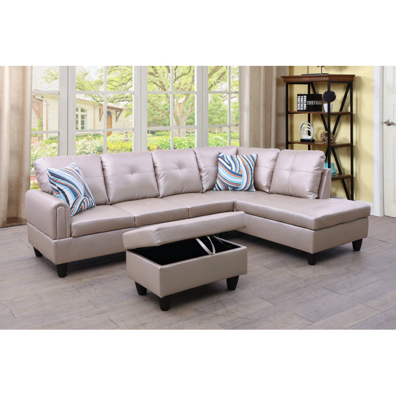 97" Wide Faux Leather Linen Left Hand Facing Stationary Sofa & Chaise with Ottoman, Beige Faux Leather, Right Hand Facing