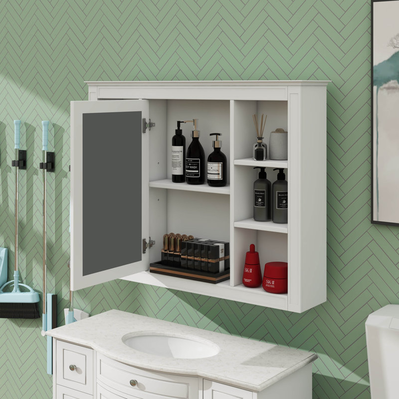 Armoire à pharmacie de 35 po x 27,5 po, armoire de salle de bain murale avec porte miroir, armoire de salle de bain murale avec six tablettes ouvertes, unité de rangement murale
