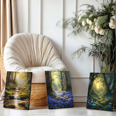 Ensemble de 3 affiches encadrées, toiles murales « Forêt enchantée » - Paysage forestier magique avec ruisseau, jacinthes des bois et lucioles, impressions de paysage naturel pour la décoration du salon, de la chambre et de la maison, œuvre d'art représentant une nature sauvage et sereine